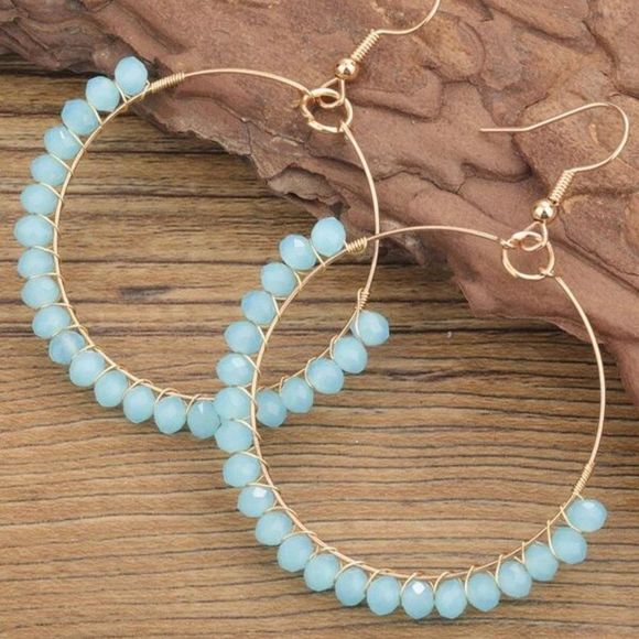 7/$35 Blue Seed Beaded Gold Hoop Earrings Beaded Hoop Hook Statement Earrings - Picture 3 of 4